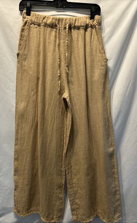 JS Millenium Pants - JS Millenium Pants 30” Elastic Waist Beige Wide Leg 100% Linen Italy Raw Hem